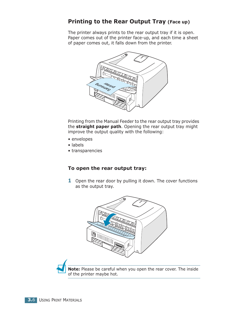 Printing to the rear output tray (face up), Printing to the rear output tray | Samsung ML-1710P User Manual | Page 45 / 138