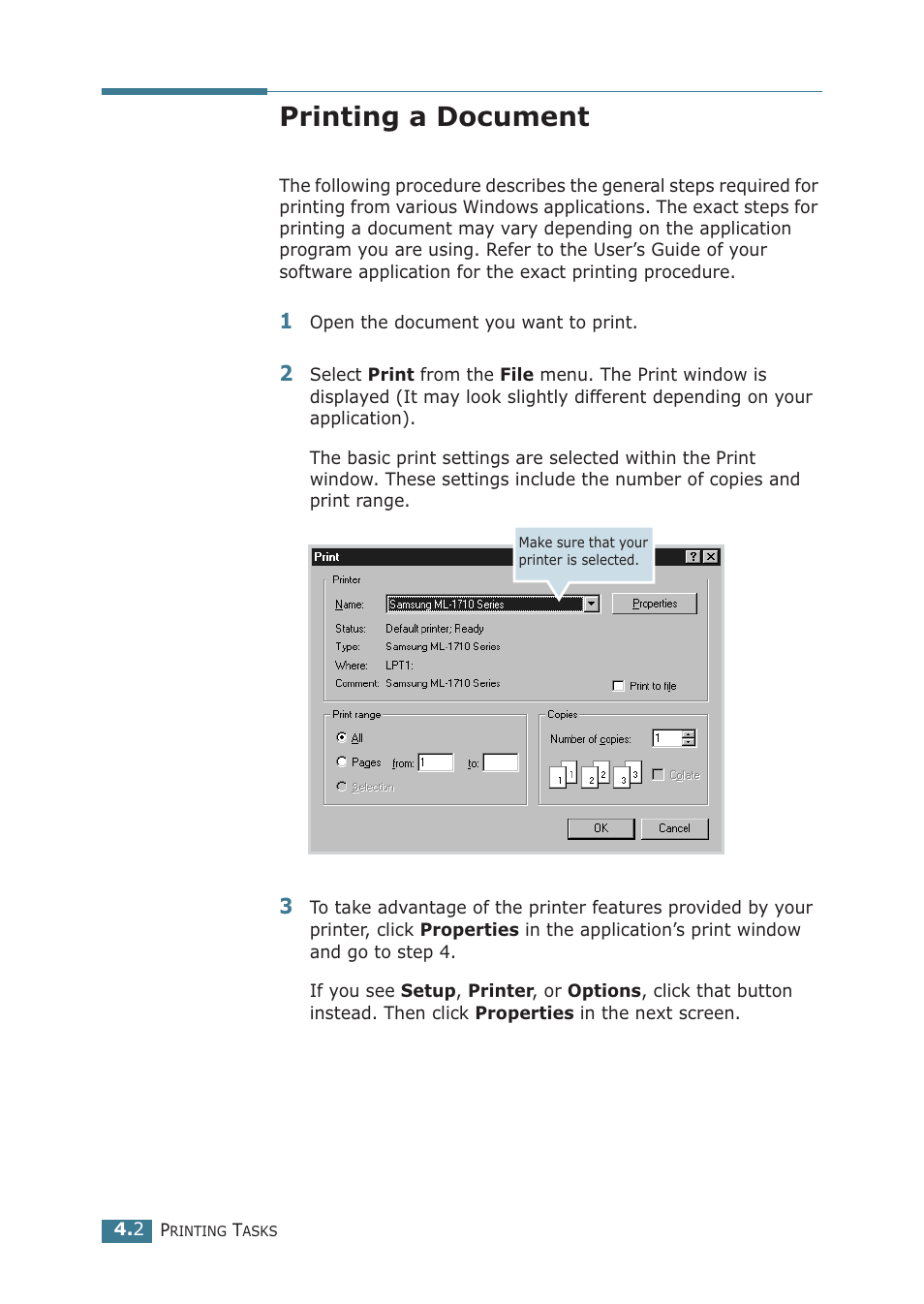 Printing a document, Setting paper properties | Samsung ML-1710P User Manual | Page 59 / 138