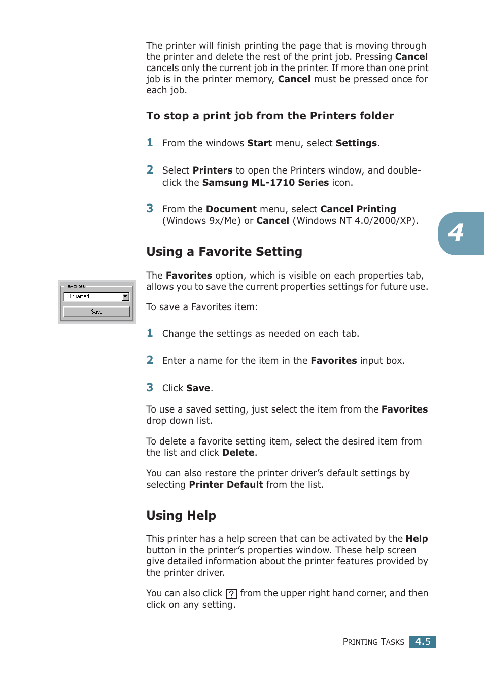 Using a favorite setting, Using help, Using a favorite setting using help | Samsung ML-1710P User Manual | Page 62 / 138