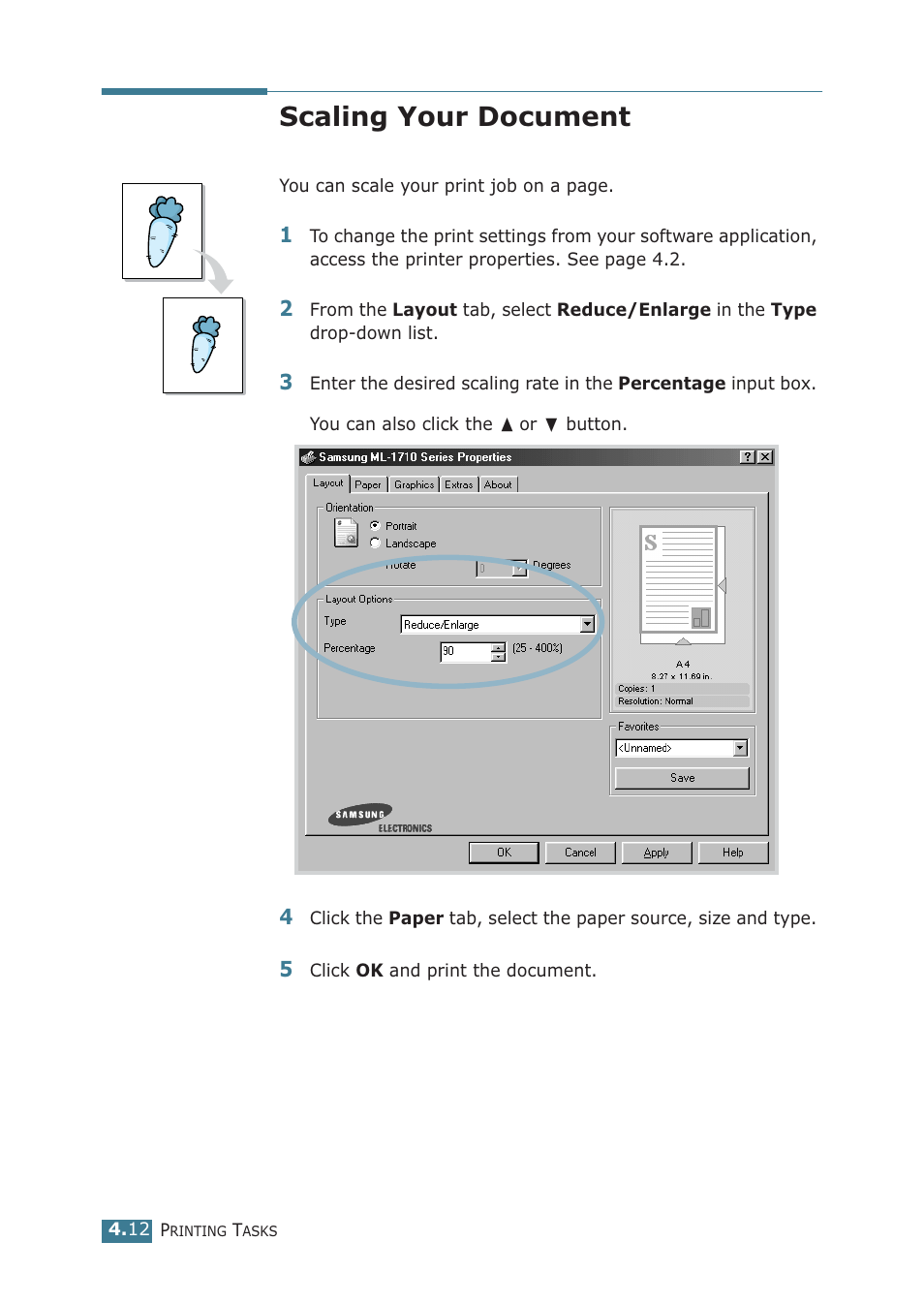 Scaling your document, Fitting your document to a selected paper size | Samsung ML-1710P User Manual | Page 69 / 138