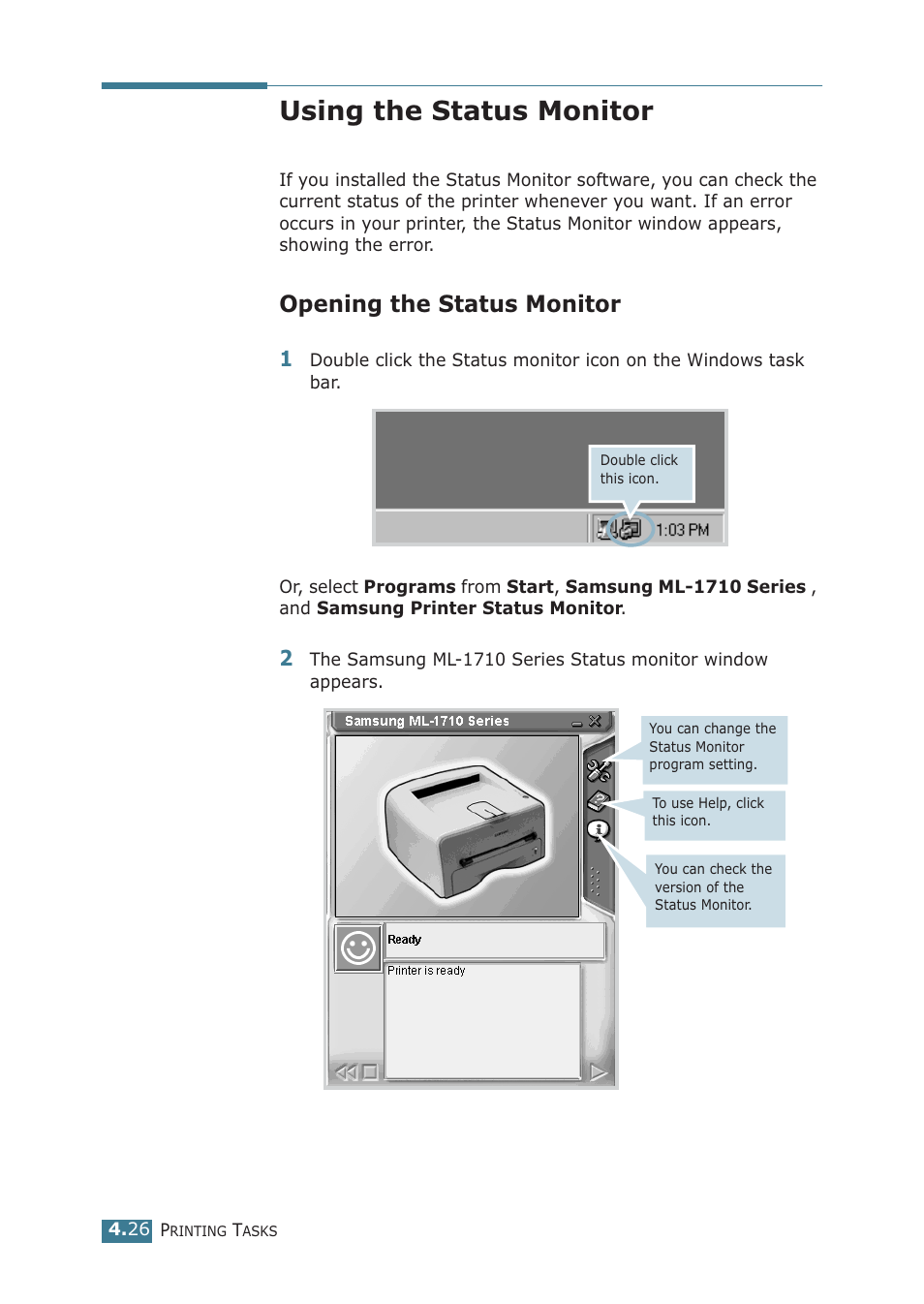 Using the status monitor, Opening the status monitor, Setting up locally shared printer | Samsung ML-1710P User Manual | Page 83 / 138