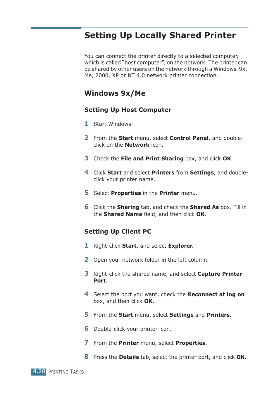 Setting up locally shared printer, Windows 9x/me | Samsung ML-1710P User Manual | Page 85 / 138