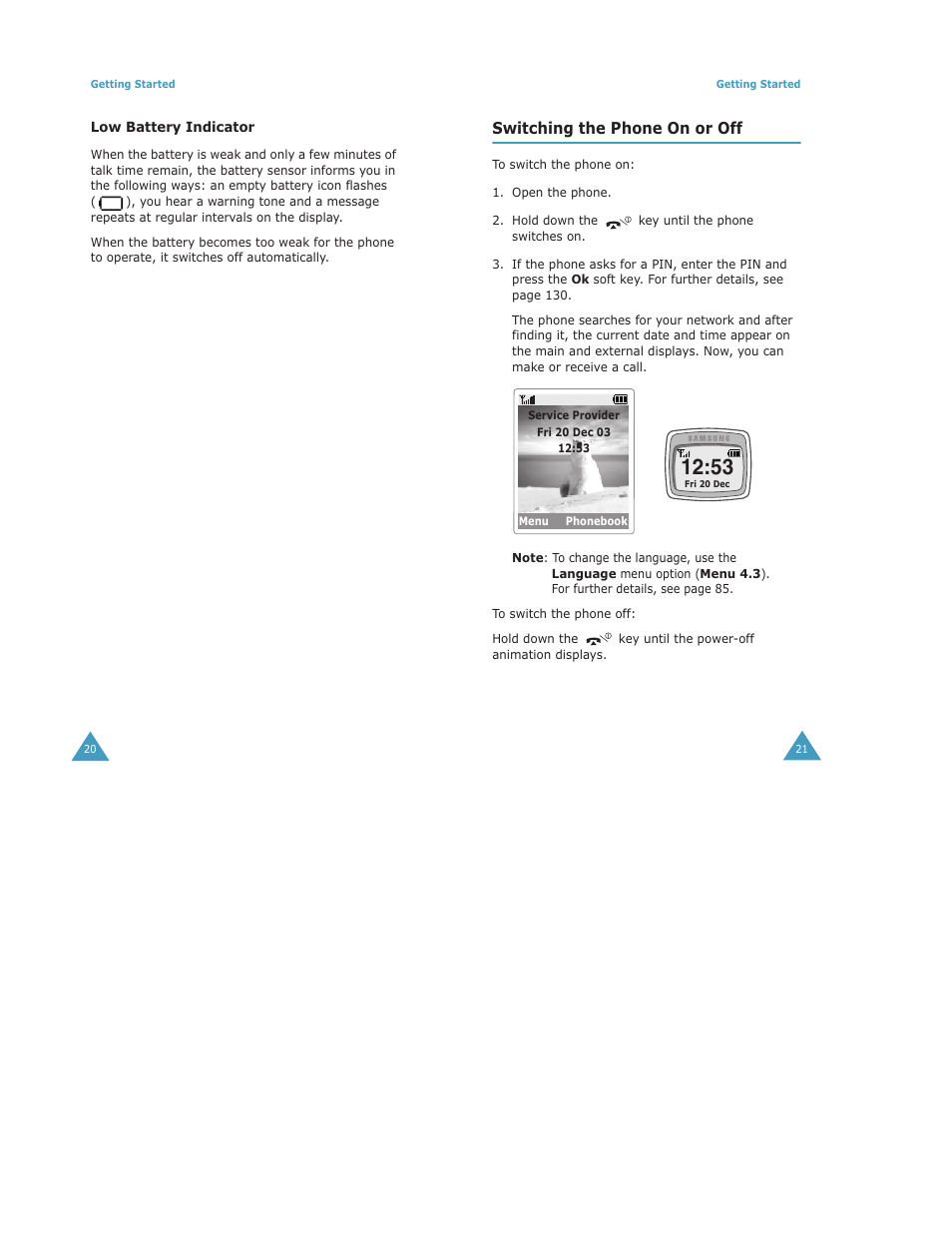 Switching the phone on or off | Samsung Digimax S500 User Manual | Page 12 / 81