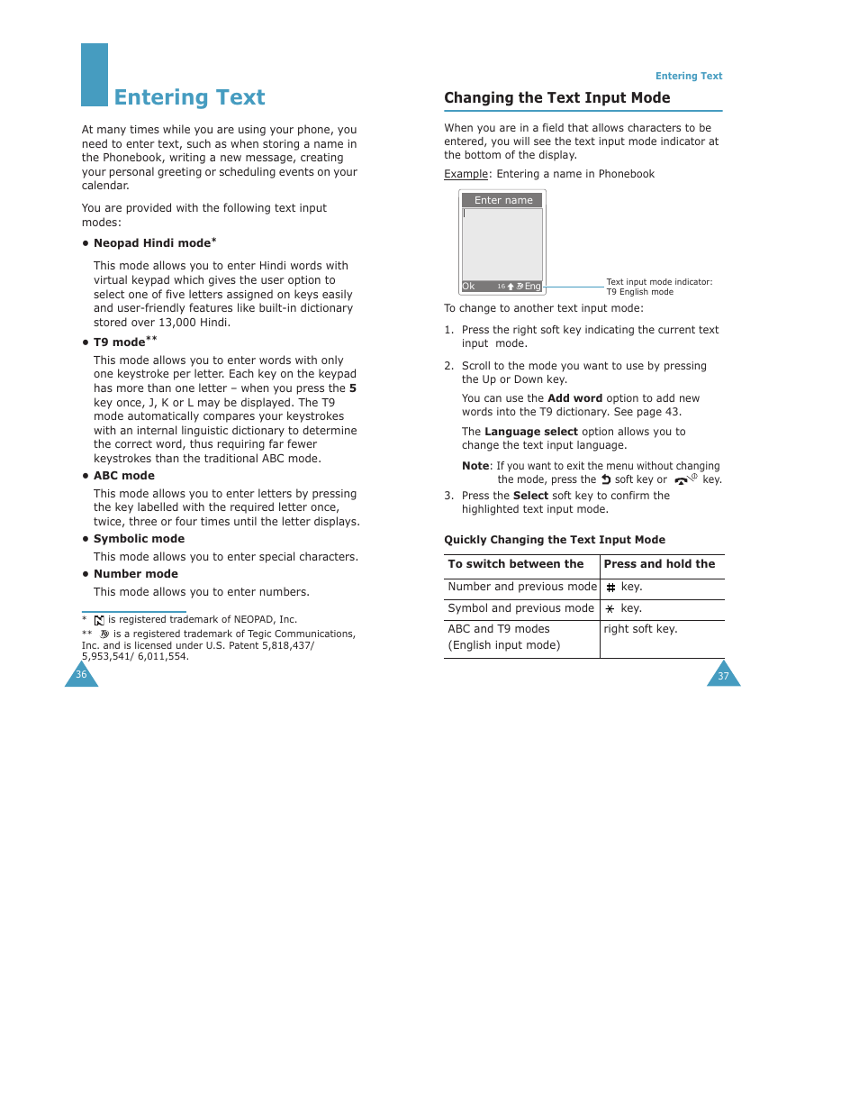 Entering text, Changing the text input mode | Samsung Digimax S500 User Manual | Page 20 / 81