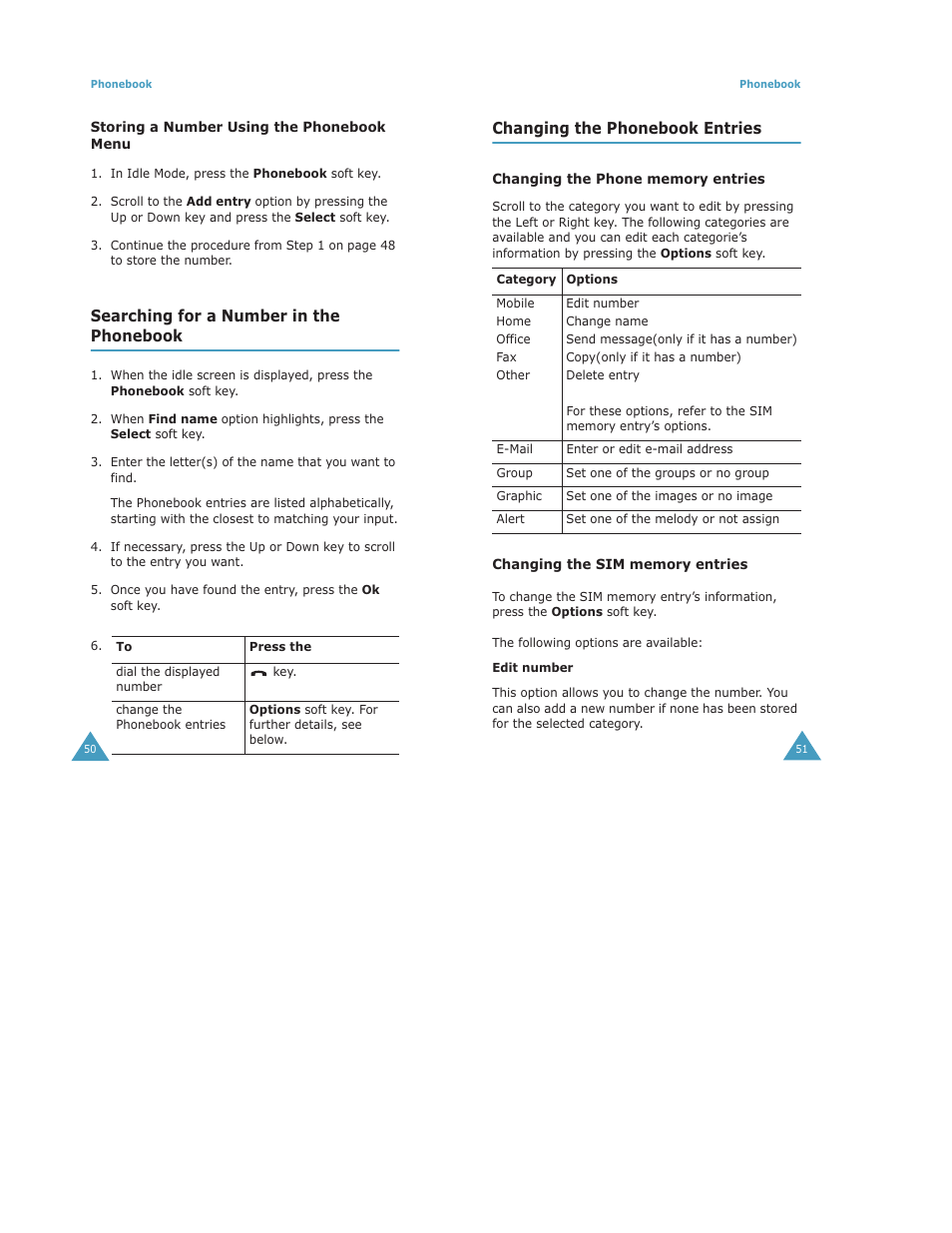 Searching for a number in the phonebook, Changing the phonebook entries | Samsung Digimax S500 User Manual | Page 27 / 81