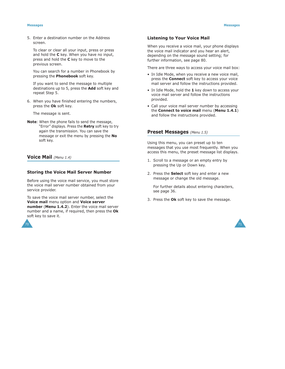 Voice mail, Preset messages | Samsung Digimax S500 User Manual | Page 38 / 81