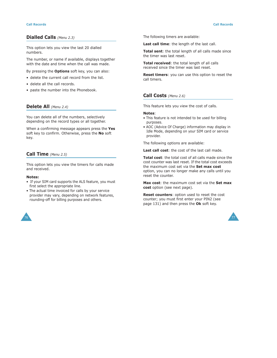 Dialled calls, Delete all, Call time | Call costs | Samsung Digimax S500 User Manual | Page 41 / 81