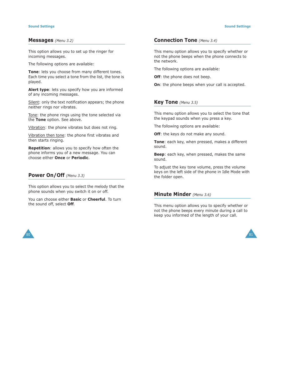 Messages, Power on/off, Connection tone | Key tone, Minute minder | Samsung Digimax S500 User Manual | Page 43 / 81