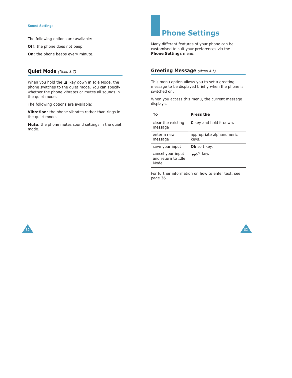 Phone settings, Quiet mode, Greeting message | Samsung Digimax S500 User Manual | Page 44 / 81