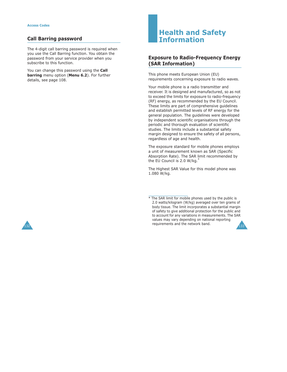 Health and safety information, Call barring password | Samsung Digimax S500 User Manual | Page 70 / 81