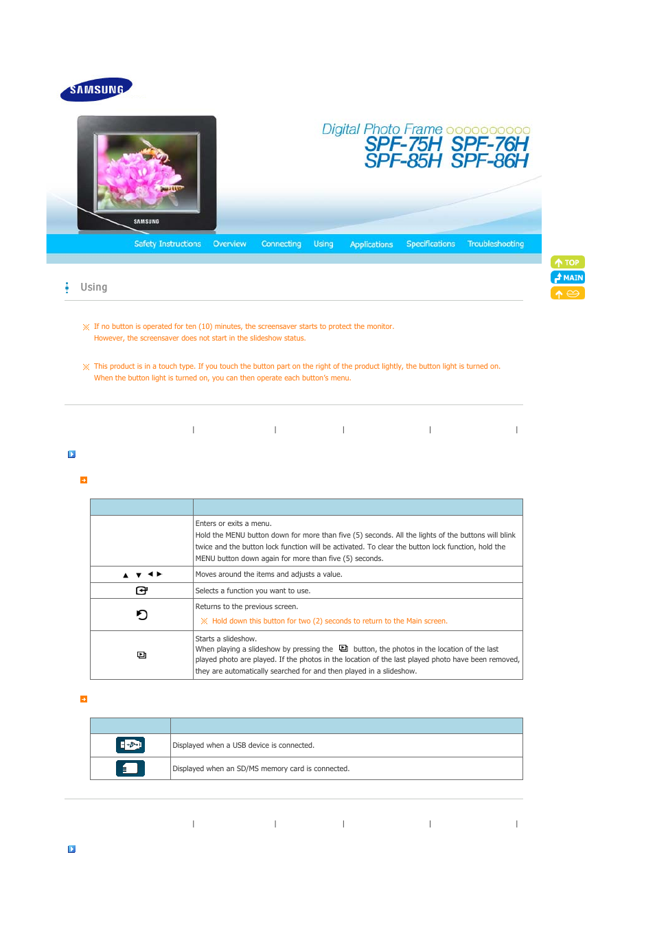 Using, Usage guide | Samsung SPF-76H User Manual | Page 13 / 26