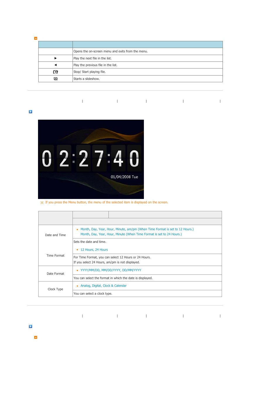 Clock, Settings | Samsung SPF-76H User Manual | Page 16 / 26