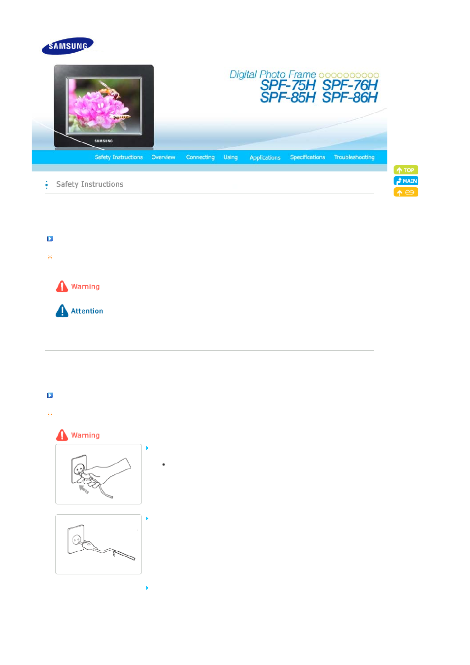 Safety instructions, Safety symbols, Power | Samsung SPF-76H User Manual | Page 2 / 26