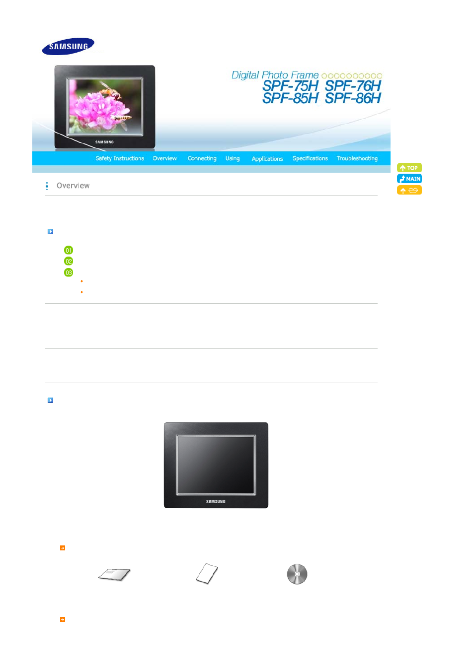 Overview, Features, Components | Samsung SPF-76H User Manual | Page 7 / 26