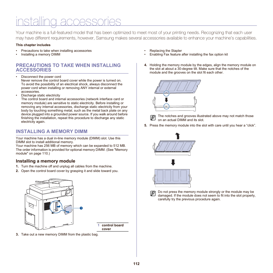 Installing accessories, Precautions to take when installing accessories, Installing a memory dimm | Installing a memory module | Samsung SCX-6555NX User Manual | Page 112 / 176