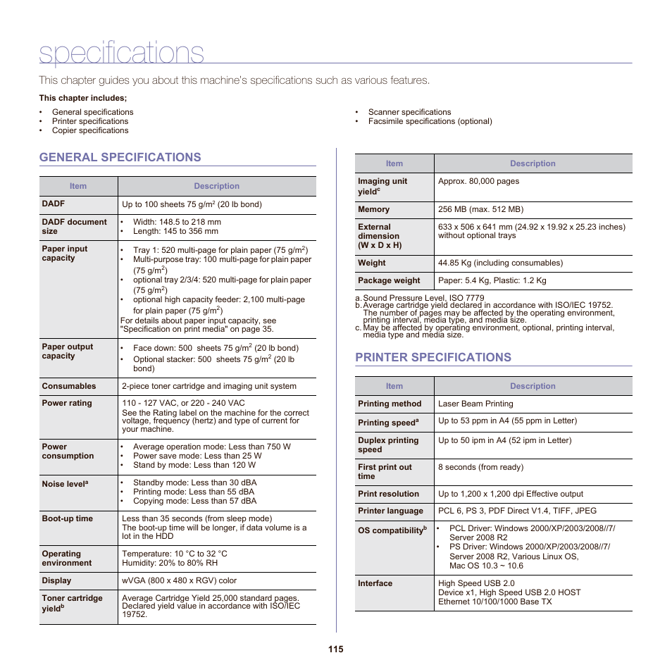 Specifications, General specifications, Printer specifications | See "specifications" on, General specifications printer specifications | Samsung SCX-6555NX User Manual | Page 115 / 176