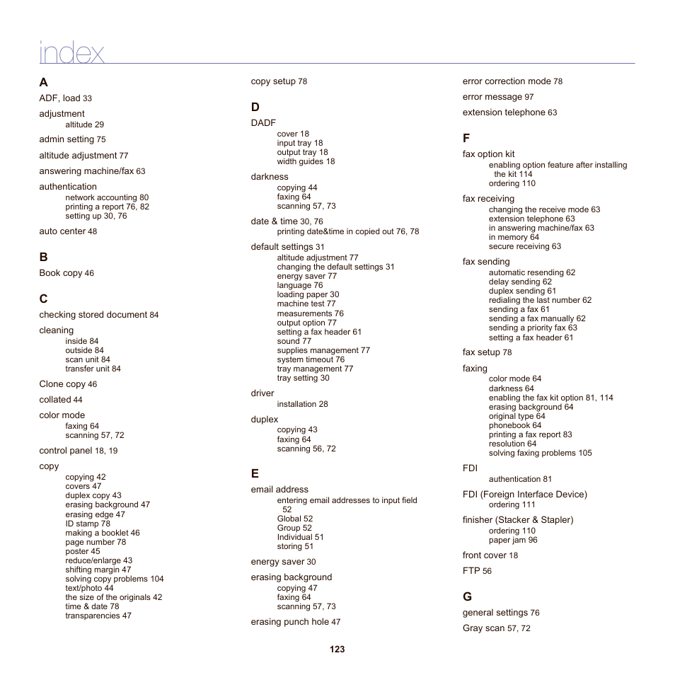 Index | Samsung SCX-6555NX User Manual | Page 123 / 176