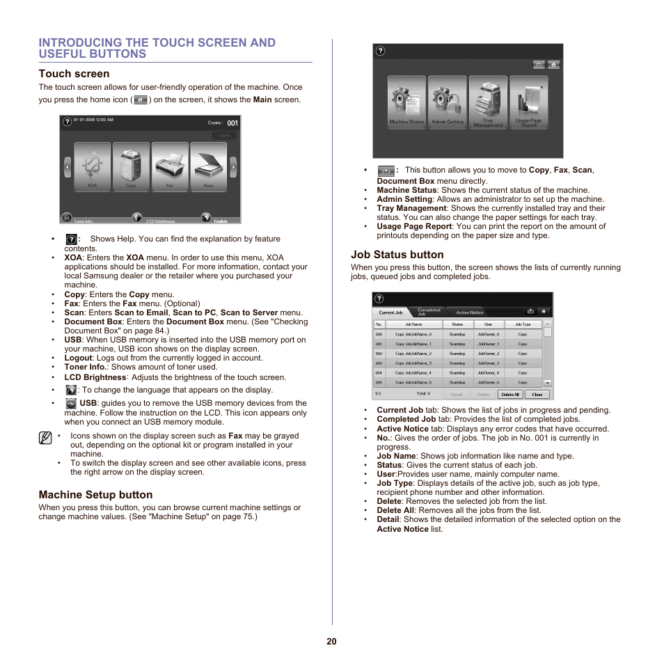 Introducing the touch screen and useful buttons, Touch screen, Machine setup button | Job status button, 20 introducing the touch screen and useful buttons | Samsung SCX-6555NX User Manual | Page 20 / 176