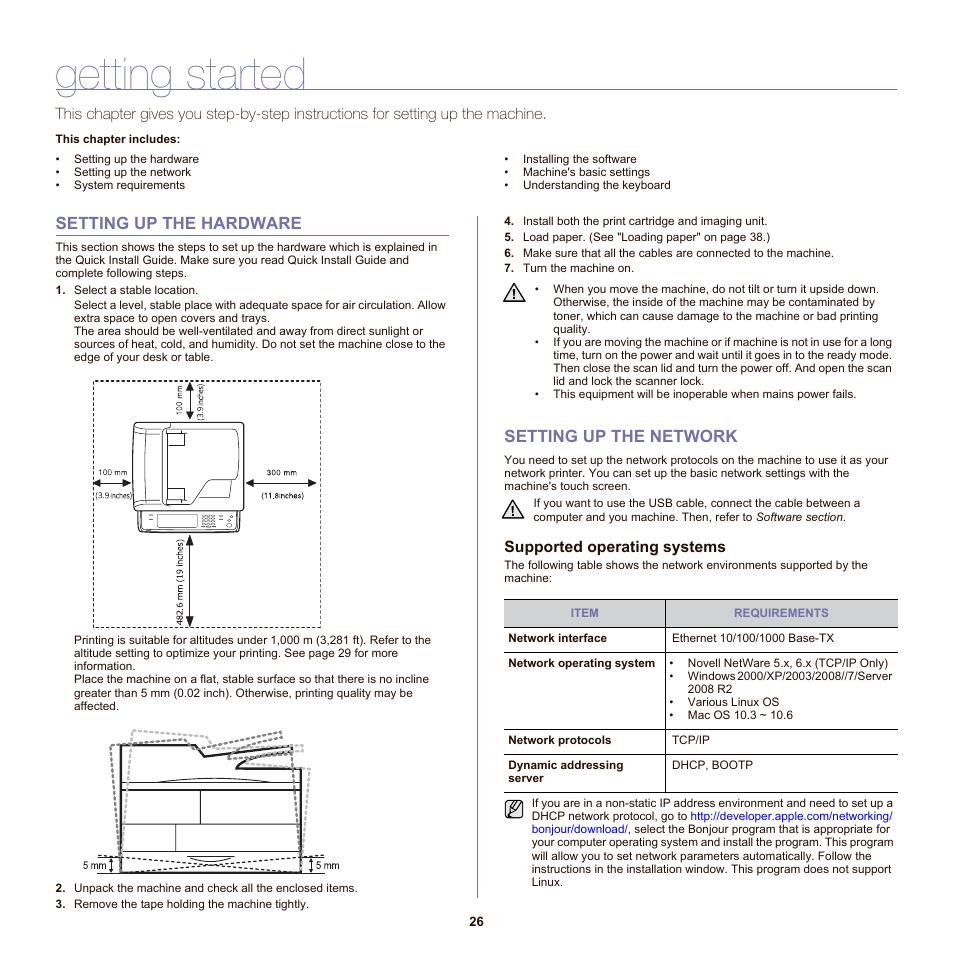 Getting started, Setting up the hardware, Setting up the network | Supported operating systems | Samsung SCX-6555NX User Manual | Page 26 / 176