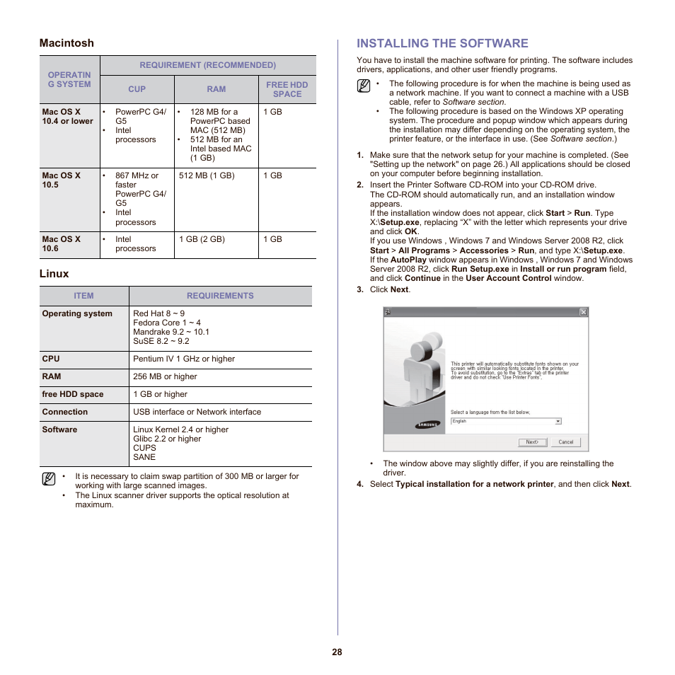 Macintosh, Linux, Installing the software | 28 installing the software, Macintosh linux | Samsung SCX-6555NX User Manual | Page 28 / 176