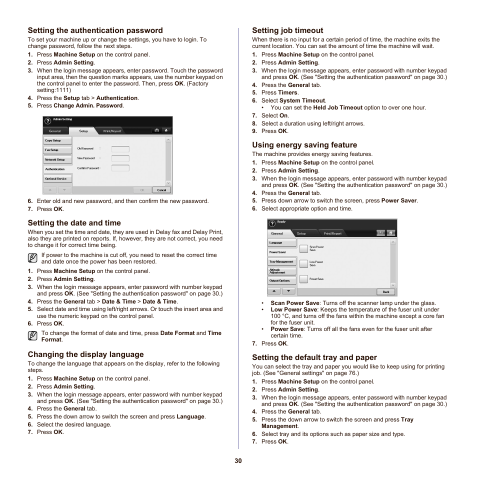 Setting the authentication password, Setting the date and time, Changing the display language | Setting job timeout, Using energy saving feature, Setting the default tray and paper | Samsung SCX-6555NX User Manual | Page 30 / 176