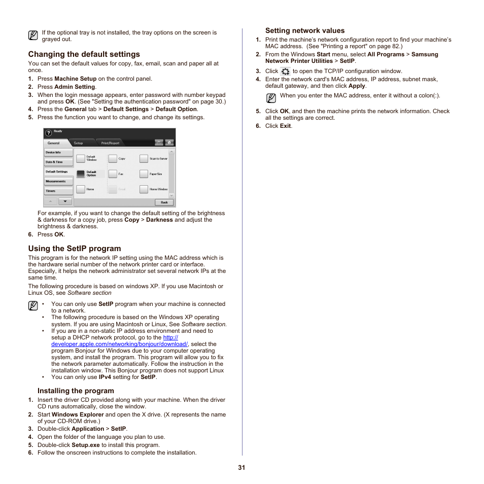 Changing the default settings, Using the setip program | Samsung SCX-6555NX User Manual | Page 31 / 176