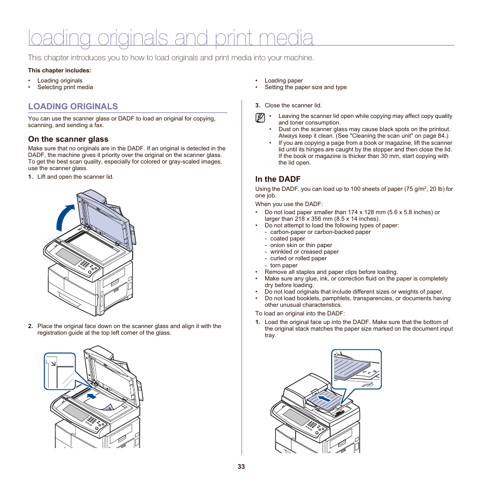 Loading originals and print media, Loading originals, On the scanner glass | In the dadf, 33 loading originals | Samsung SCX-6555NX User Manual | Page 33 / 176