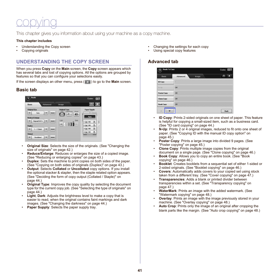 Copying, Understanding the copy screen, Basic tab | Advanced tab, 41 understanding the copy screen | Samsung SCX-6555NX User Manual | Page 41 / 176