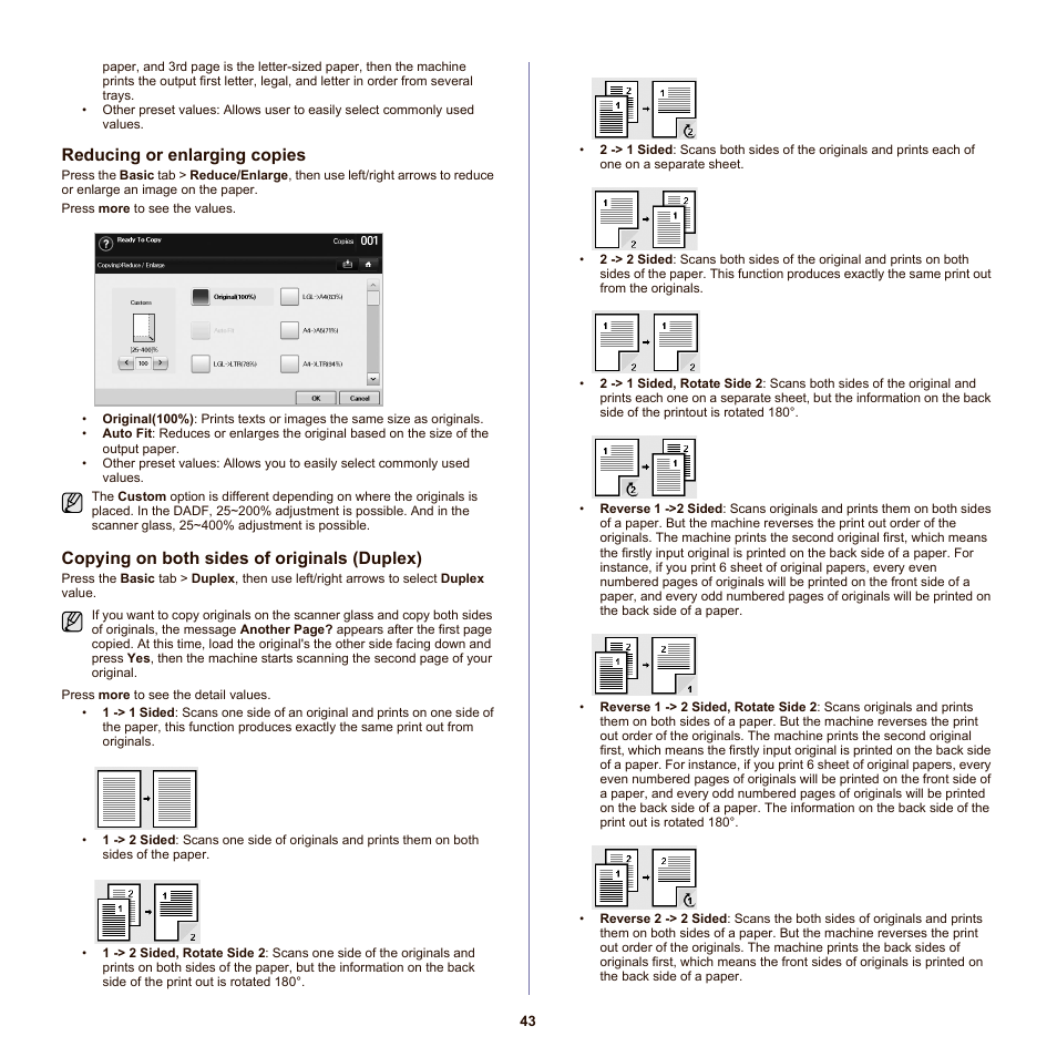 Reducing or enlarging copies, Copying on both sides of originals (duplex) | Samsung SCX-6555NX User Manual | Page 43 / 176