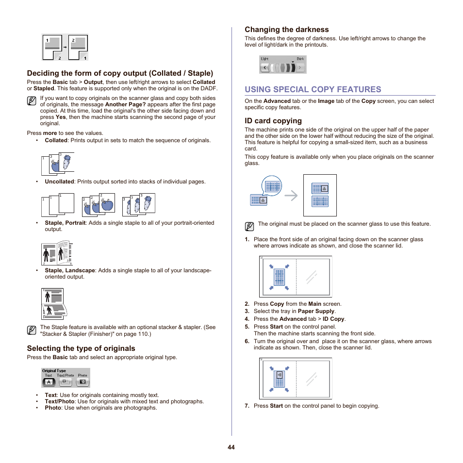 Selecting the type of originals, Changing the darkness, Using special copy features | Id card copying, 44 using special copy features, Ob. (see "selecting the type of originals" on | Samsung SCX-6555NX User Manual | Page 44 / 176