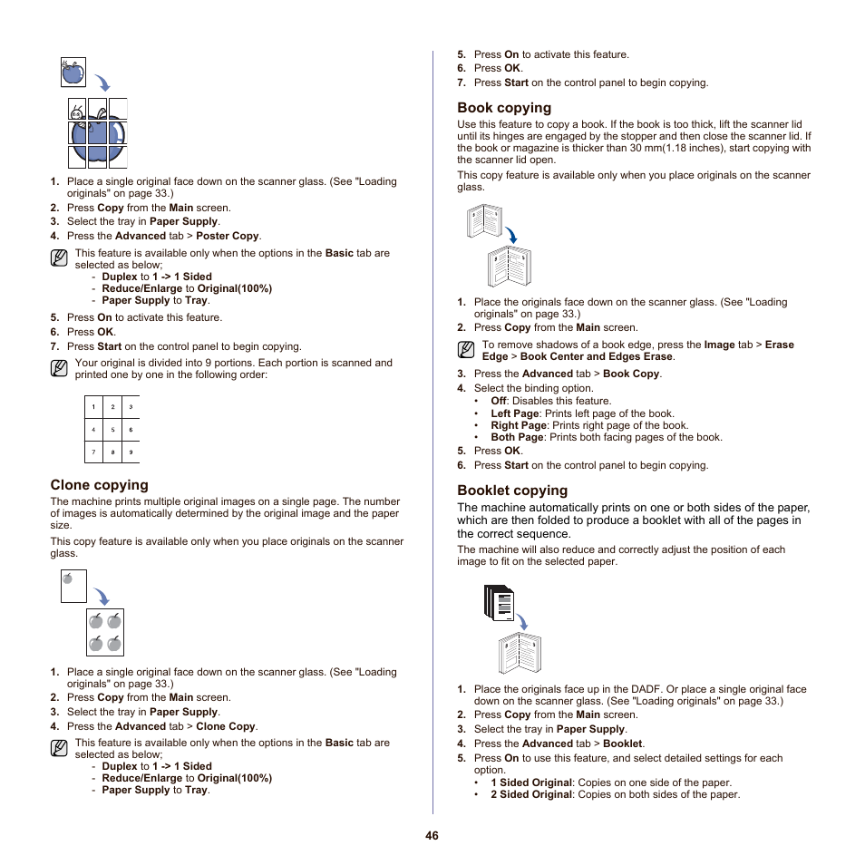 Clone copying, Book copying, Booklet copying | See "book | Samsung SCX-6555NX User Manual | Page 46 / 176