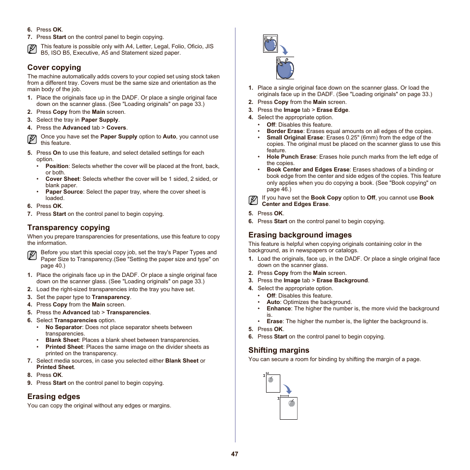 Cover copying, Transparency copying, Erasing edges | Erasing background images, Shifting margins, Set. (see "transparency copying" on, Es. (see "erasing | Samsung SCX-6555NX User Manual | Page 47 / 176