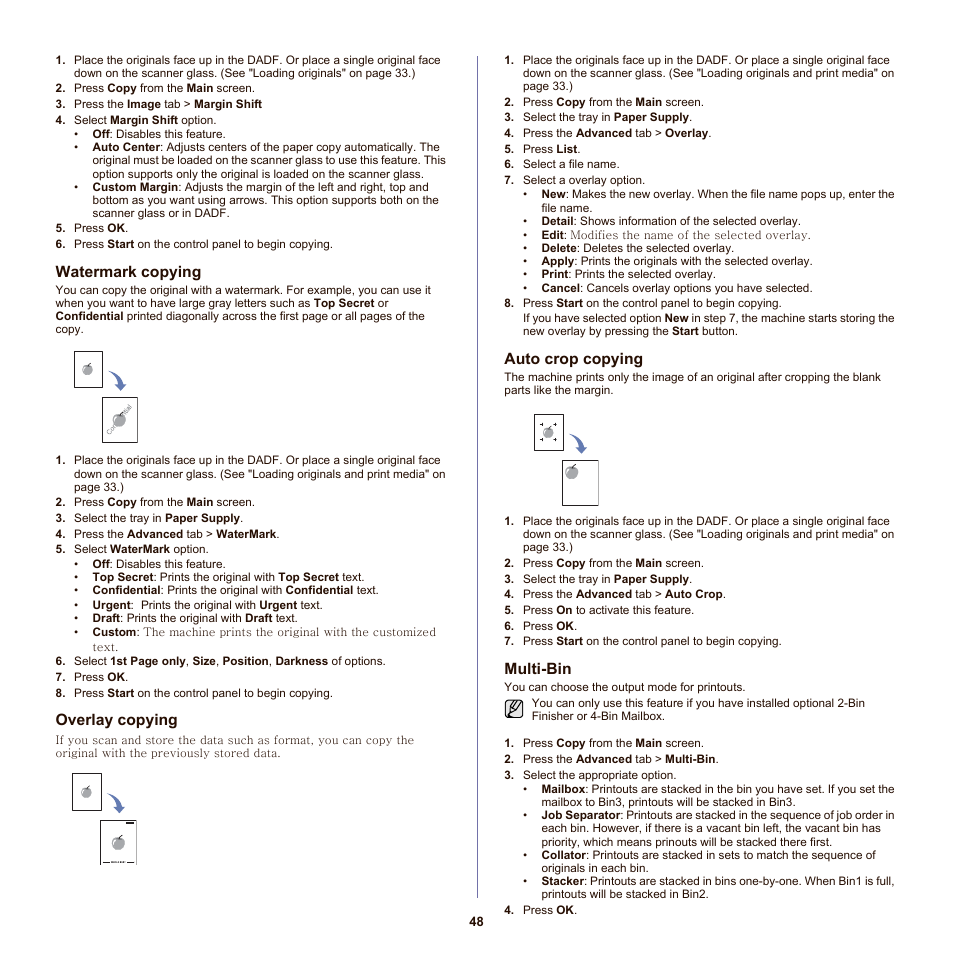 Watermark copying, Overlay copying, Auto crop copying | Multi-bin | Samsung SCX-6555NX User Manual | Page 48 / 176