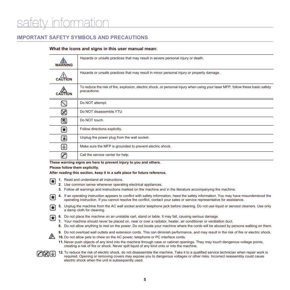 Safety information, Important safety symbols and precautions | Samsung SCX-6555NX User Manual | Page 5 / 176