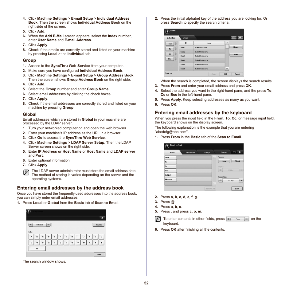 Entering email addresses by the address book, Entering email addresses by the keyboard, Eb ui. (see "global" on | Samsung SCX-6555NX User Manual | Page 52 / 176