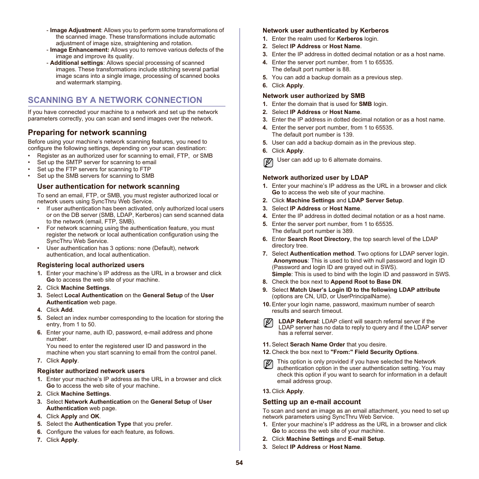 Scanning by a network connection, Preparing for network scanning, 54 scanning by a network connection | Samsung SCX-6555NX User Manual | Page 54 / 176