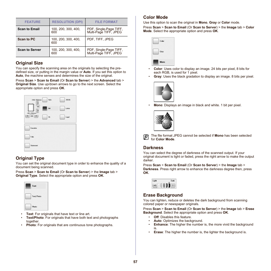 Original size, Original type, Color mode | Darkness, Erase background, Xt or photo. (see | Samsung SCX-6555NX User Manual | Page 57 / 176