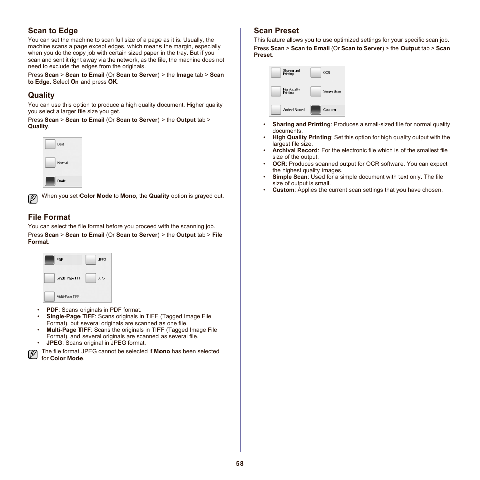 Scan to edge, Quality, File format | Scan preset, See "scan to, See "file | Samsung SCX-6555NX User Manual | Page 58 / 176