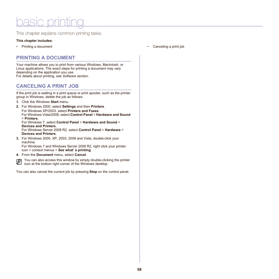 Basic printing, Printing a document, Canceling a print job | 59 printing a document 59 canceling a print job | Samsung SCX-6555NX User Manual | Page 59 / 176