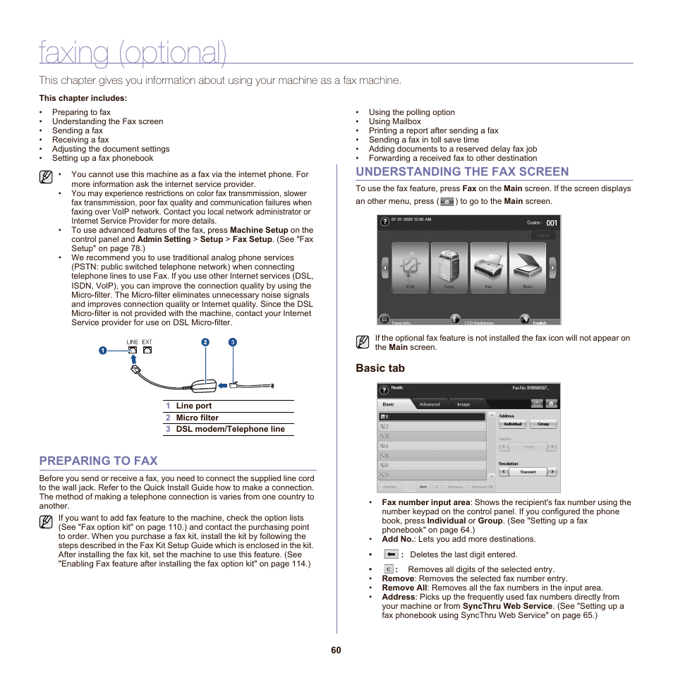 Faxing (optional), Preparing to fax, Understanding the fax screen | Basic tab | Samsung SCX-6555NX User Manual | Page 60 / 176