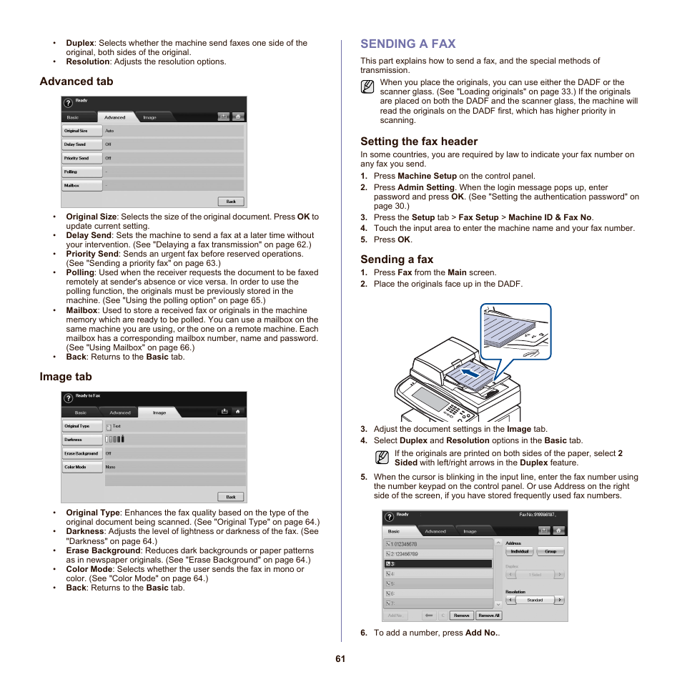 Advanced tab, Image tab, Sending a fax | Setting the fax header, 61 sending a fax | Samsung SCX-6555NX User Manual | Page 61 / 176