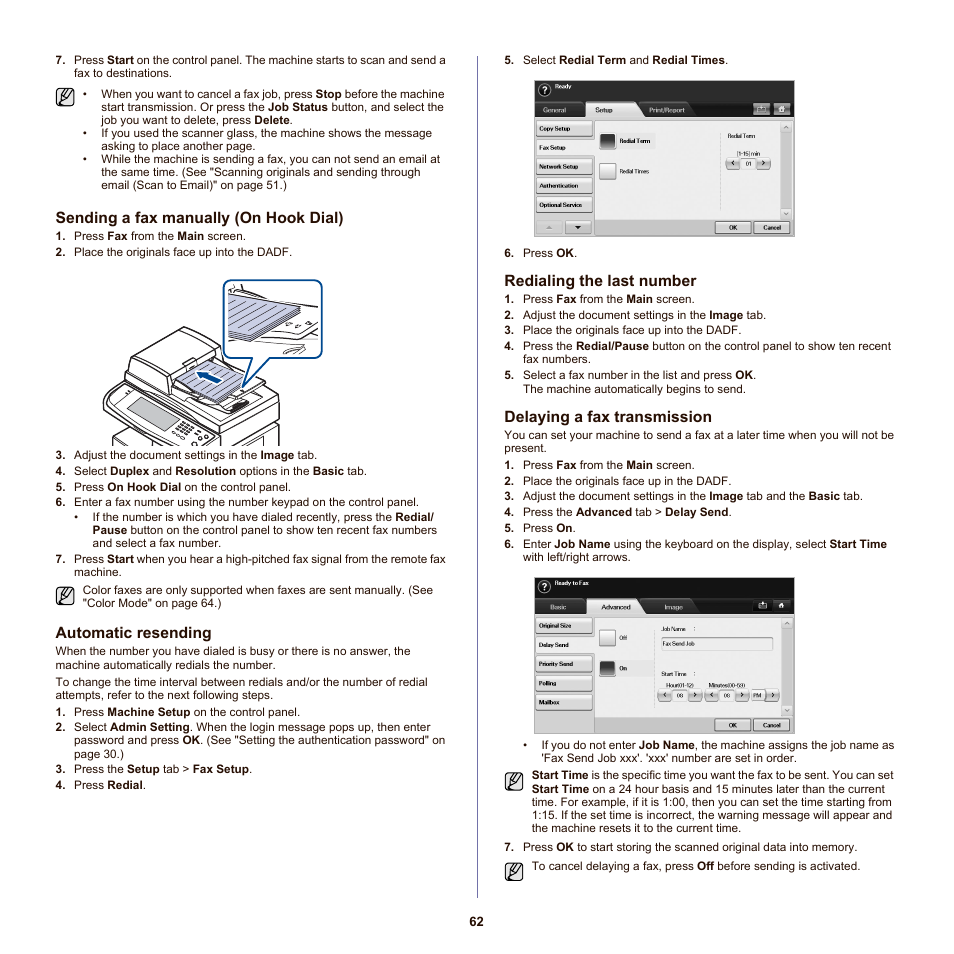 Sending a fax manually (on hook dial), Automatic resending, Redialing the last number | Delaying a fax transmission | Samsung SCX-6555NX User Manual | Page 62 / 176