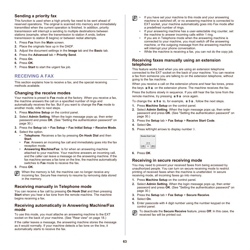 Sending a priority fax, Receiving a fax, Changing the receive modes | Receiving manually in telephone mode, Receiving in secure receiving mode, 63 receiving a fax | Samsung SCX-6555NX User Manual | Page 63 / 176