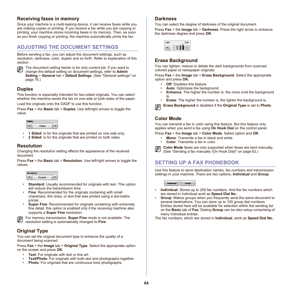 Receiving faxes in memory, Adjusting the document settings, Duplex | Resolution, Original type, Darkness, Erase background, Color mode, Setting up a fax phonebook, 64 adjusting the document settings | Samsung SCX-6555NX User Manual | Page 64 / 176