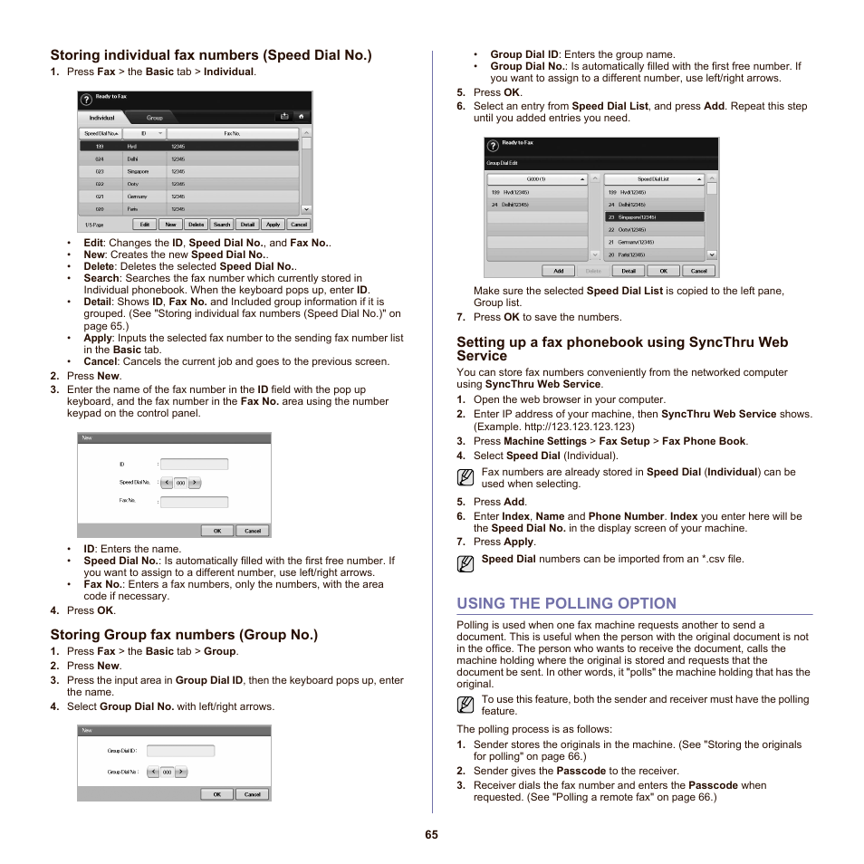 Storing individual fax numbers (speed dial no.), Storing group fax numbers (group no.), Using the polling option | Using the unified driver configurator, Printing from applications, 65 using the polling option, See "setting up a | Samsung SCX-6555NX User Manual | Page 65 / 176