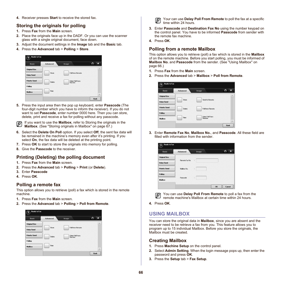 Storing the originals for polling, Printing (deleting) the polling document, Polling a remote fax | Polling from a remote mailbox, Using mailbox, Creating mailbox, 66 using mailbox, See "storing the originals | Samsung SCX-6555NX User Manual | Page 66 / 176