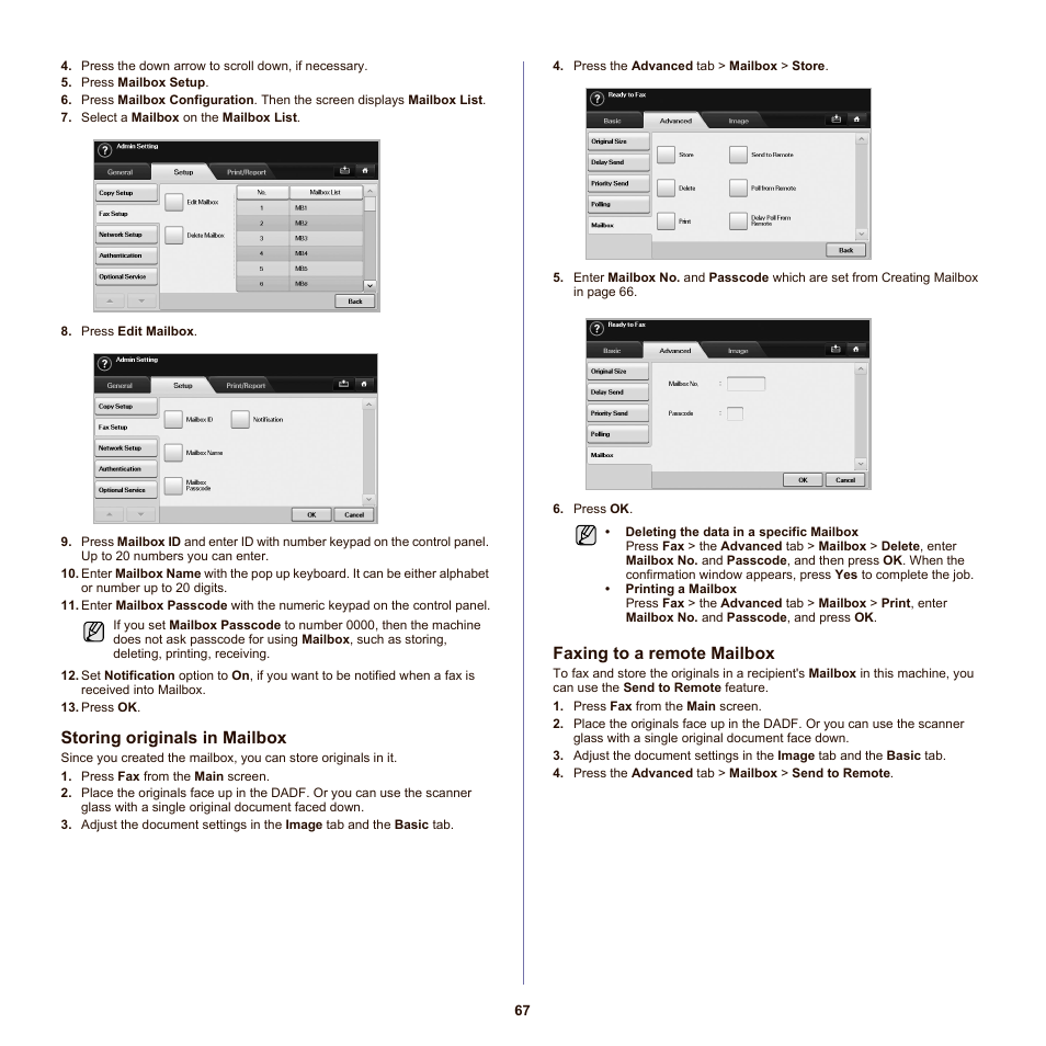 Storing originals in mailbox, Faxing to a remote mailbox | Samsung SCX-6555NX User Manual | Page 67 / 176