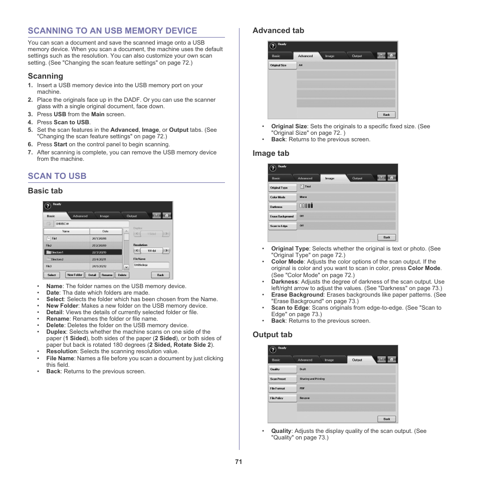 Scanning to an usb memory device, Scanning, Scan to usb | Basic tab, Advanced tab, Image tab, Output tab, 79 scanning to an usb memory device, 79 scan to usb | Samsung SCX-6555NX User Manual | Page 71 / 176