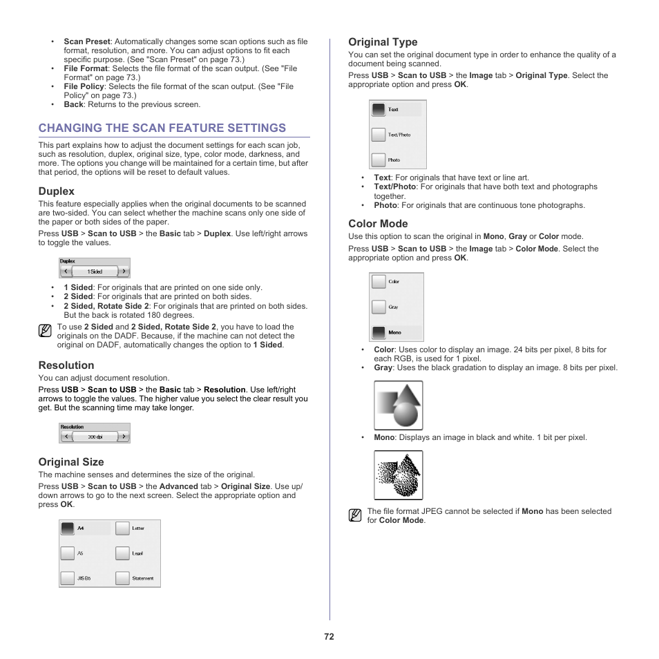 Changing the scan feature settings, Duplex, Resolution | Original size, Original type, Color mode, 80 changing the scan feature settings, Bs. (see, Xt or photo. (see | Samsung SCX-6555NX User Manual | Page 72 / 176