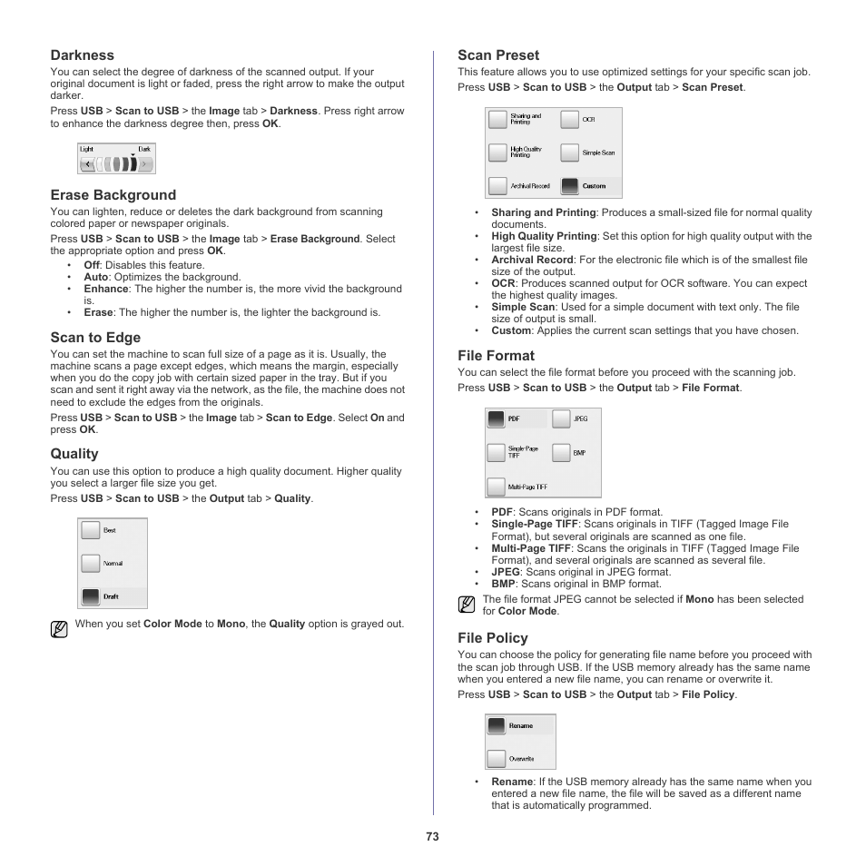 Darkness, Erase background, Scan to edge | Quality, Scan preset, File format, File policy, Rns. (see, Dge. (see "scan to, See "file | Samsung SCX-6555NX User Manual | Page 73 / 176